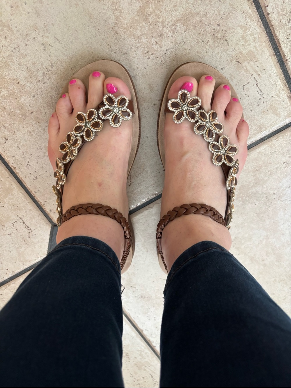 Brown Jeweled Braided Thong Sandals - Brown size 8 - Picture 2 of 4